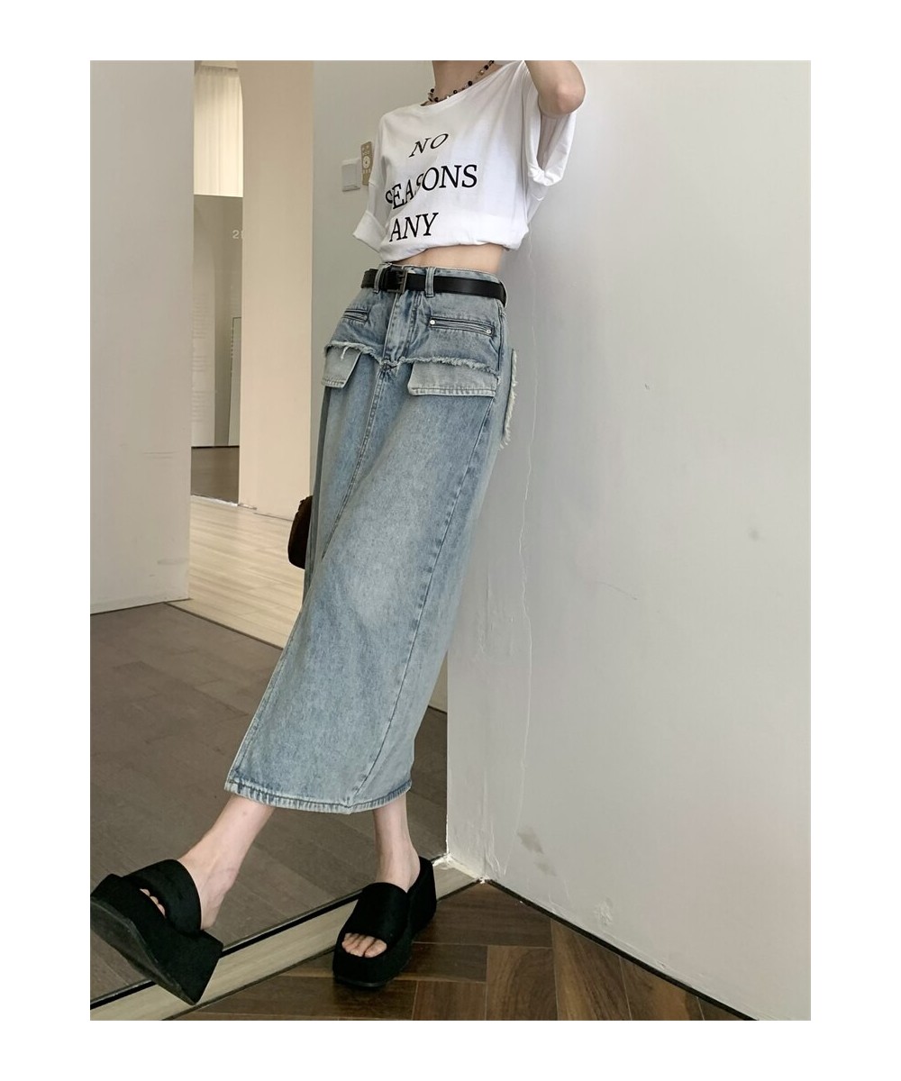 GS2985 Denim Skirt Summer Korean Version 2023 New Split Panel Design High Waist Slim Mid length Skirt $73.20 - Skirts