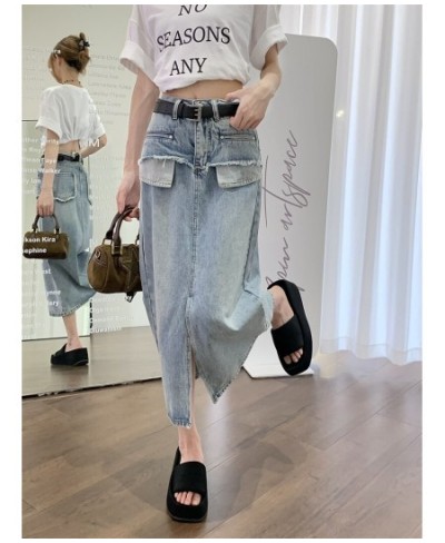 GS2985 Denim Skirt Summer Korean Version 2023 New Split Panel Design High Waist Slim Mid length Skirt $73.20 - Skirts