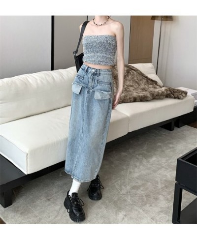 GS2985 Denim Skirt Summer Korean Version 2023 New Split Panel Design High Waist Slim Mid length Skirt $73.20 - Skirts