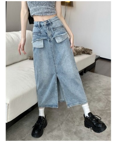 GS2985 Denim Skirt Summer Korean Version 2023 New Split Panel Design High Waist Slim Mid length Skirt $73.20 - Skirts