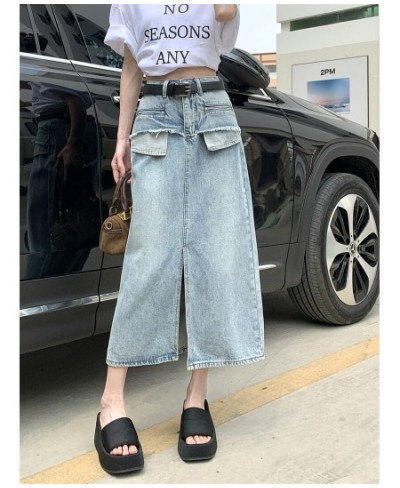 GS2985 Denim Skirt Summer Korean Version 2023 New Split Panel Design High Waist Slim Mid length Skirt $73.20 - Skirts