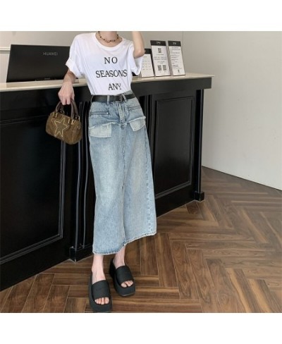 GS2985 Denim Skirt Summer Korean Version 2023 New Split Panel Design High Waist Slim Mid length Skirt $73.20 - Skirts