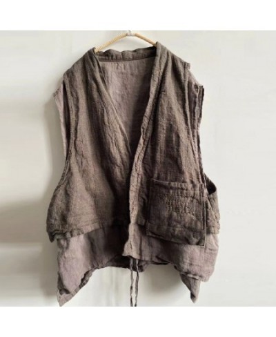 Cotton Linen Vests Spring Designal Tanks Tops Women Vintage Sleeveless Blouse Casual Irregular Lace up Fake Two Stitched Blus...