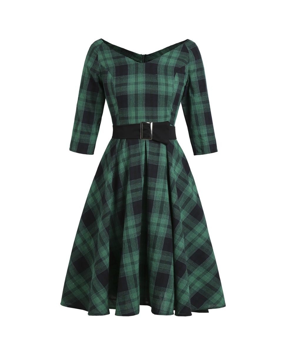 Autumn 3/4 Sleeve Green Plaid Women Party Dress England Turn Down Belt British Rockabilly 50s Vintage Vestidos VD1647 $47.89 ...