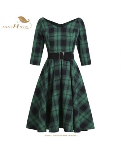 Autumn 3/4 Sleeve Green Plaid Women Party Dress England Turn Down Belt British Rockabilly 50s Vintage Vestidos VD1647 $47.89 ...