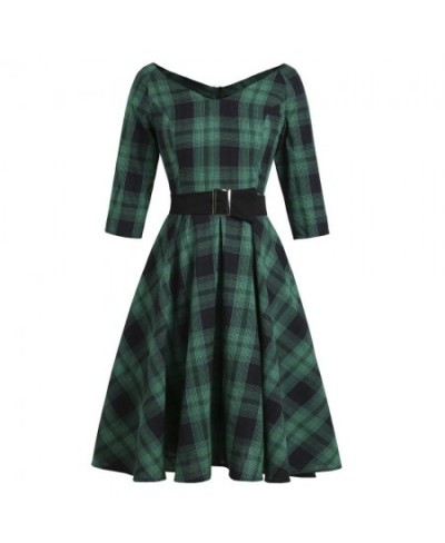 Autumn 3/4 Sleeve Green Plaid Women Party Dress England Turn Down Belt British Rockabilly 50s Vintage Vestidos VD1647 $47.89 ...