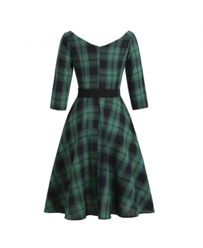 Autumn 3/4 Sleeve Green Plaid Women Party Dress England Turn Down Belt British Rockabilly 50s Vintage Vestidos VD1647 $47.89 ...