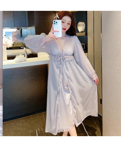 Bride V-Neck Kimono Bathrobe Suit Women Satin Robe Gown Suit Lace Hollow Out Nightgown Spring Summer Sleepwear Loungewear $50...