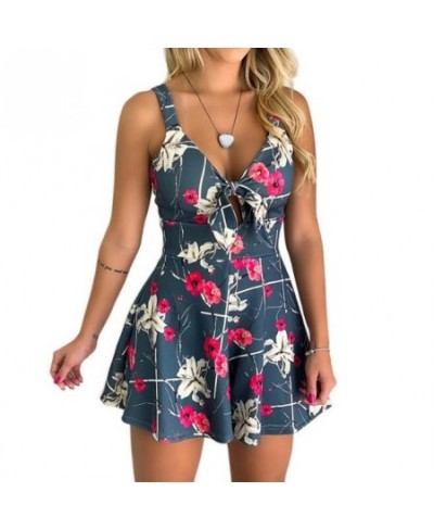 Europe and the United States new sexy suspenders chest bow tie lace printed loose jumpsuit $29.31 - Rompers