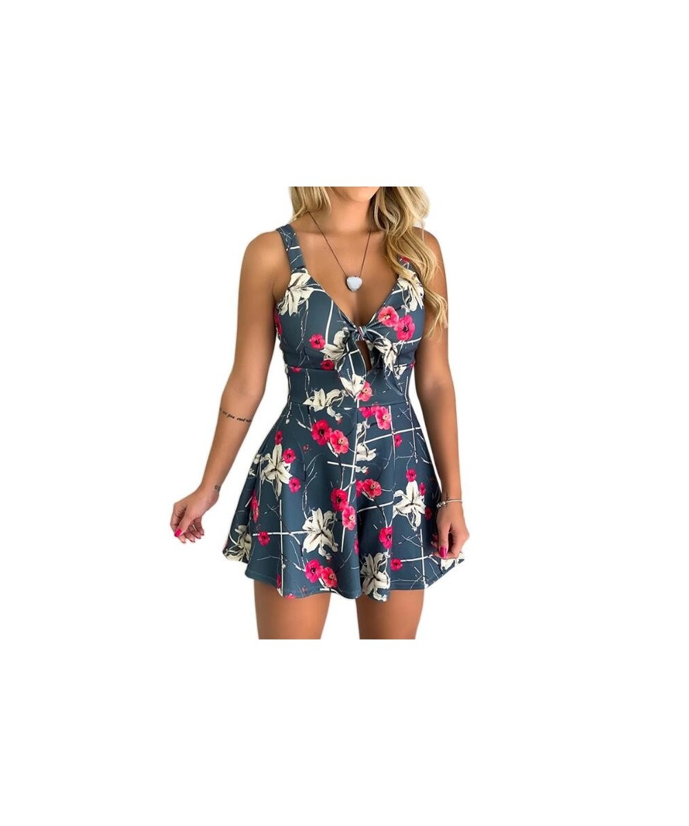 Europe and the United States new sexy suspenders chest bow tie lace printed loose jumpsuit $29.31 - Rompers