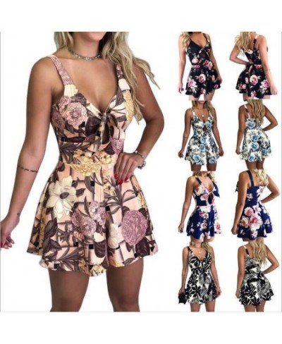 Europe and the United States new sexy suspenders chest bow tie lace printed loose jumpsuit $29.31 - Rompers