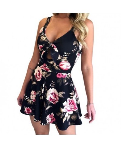 Europe and the United States new sexy suspenders chest bow tie lace printed loose jumpsuit $29.31 - Rompers