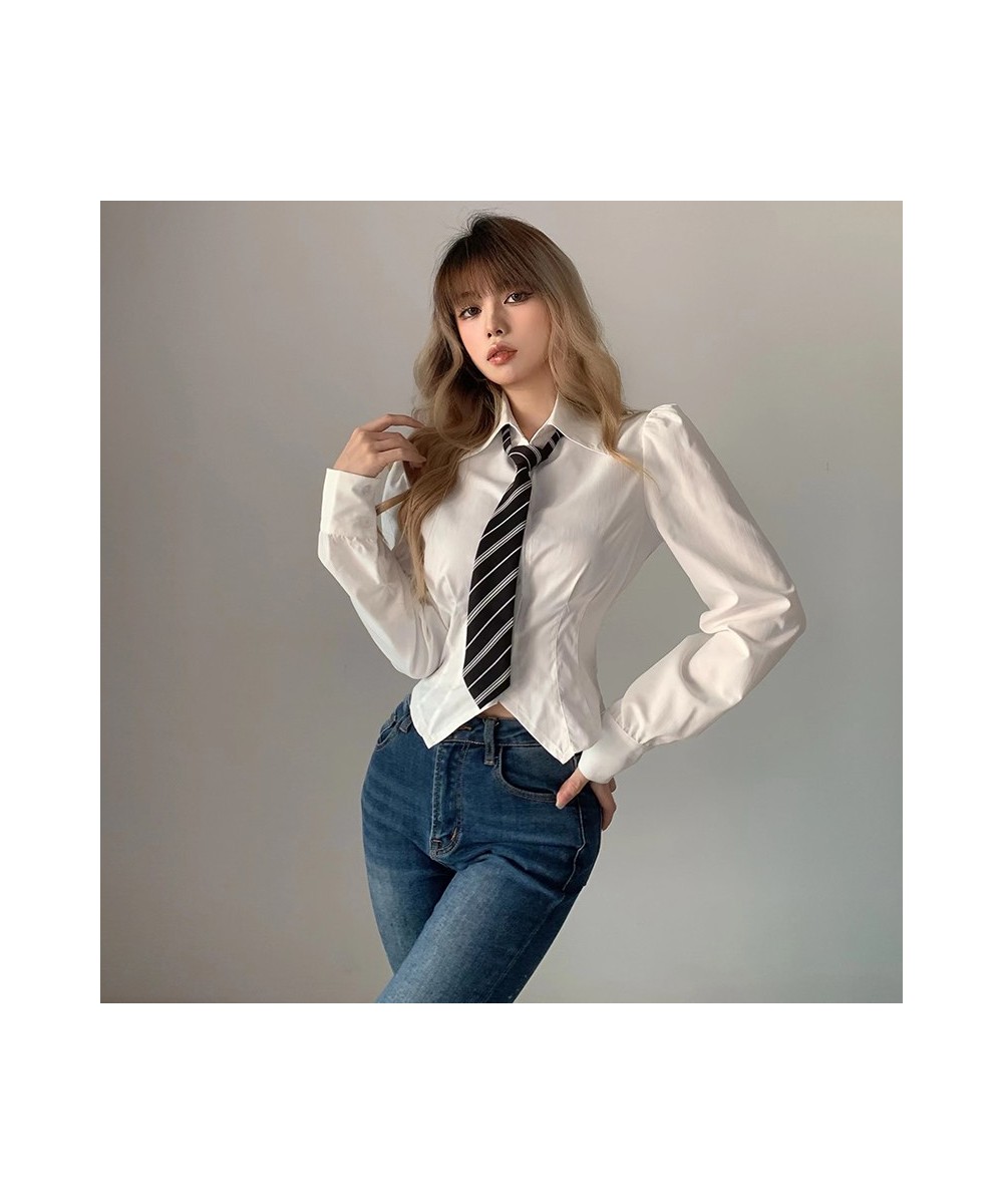 Ins Academic White Bubble Sleeve Swallowtail Long Sleeve Shirt Women's Pleated Waist Show Thin Versatile T-shirt $74.63 - Top...