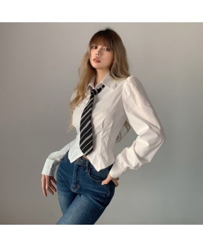 Ins Academic White Bubble Sleeve Swallowtail Long Sleeve Shirt Women's Pleated Waist Show Thin Versatile T-shirt $74.63 - Top...