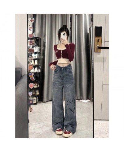 Harajuku Baggy Femme Jeans Y2K Dark Blue High Waist Streetwear 90S Love Pattern Trousers Women Pants Straight Wide Leg Pants ...