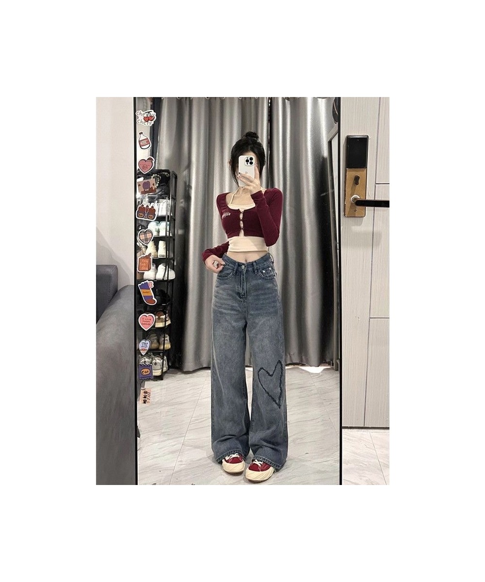 Harajuku Baggy Femme Jeans Y2K Dark Blue High Waist Streetwear 90S Love Pattern Trousers Women Pants Straight Wide Leg Pants ...