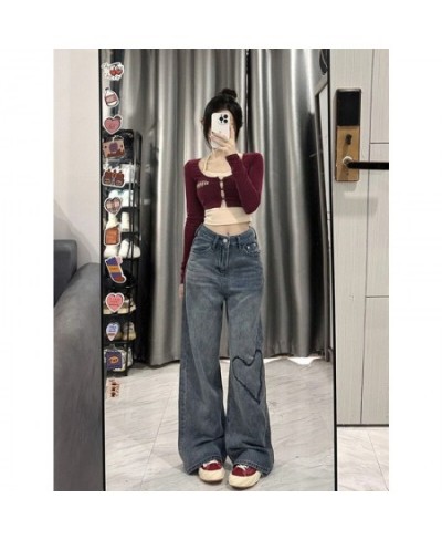 Harajuku Baggy Femme Jeans Y2K Dark Blue High Waist Streetwear 90S Love Pattern Trousers Women Pants Straight Wide Leg Pants ...