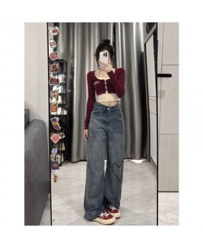 Harajuku Baggy Femme Jeans Y2K Dark Blue High Waist Streetwear 90S Love Pattern Trousers Women Pants Straight Wide Leg Pants ...