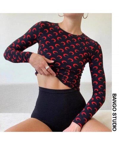 37 Styles Ladies Long-sleeved T Shirt Moon Print Tight Round Neck Slim Casual Tops 2023 Ladies Ice Silk Bottoming Shirt $21.3...