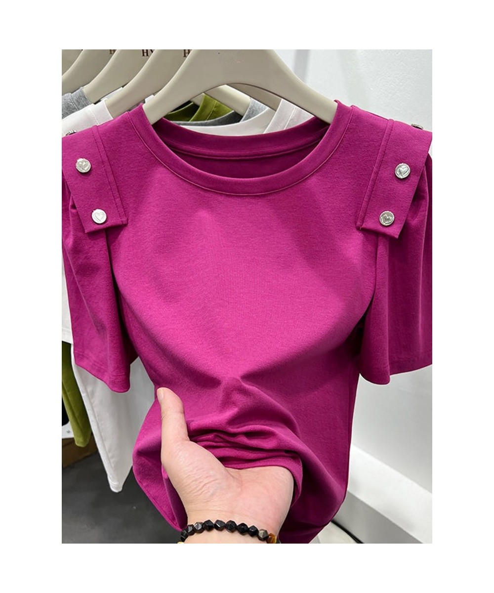 Small Button Puff Sleeve T-shirts 2023 Summer New Women's T-shirt Solid Simple Basic Casual Women's Cotton T-shirt Rose Red $...