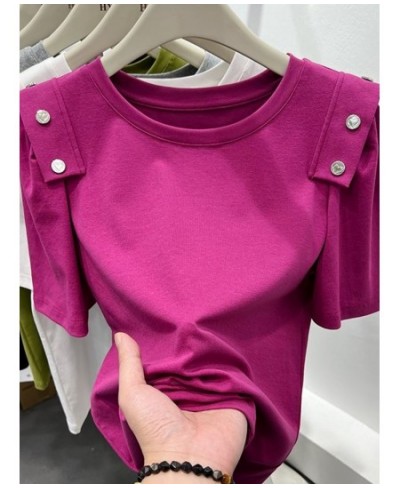 Small Button Puff Sleeve T-shirts 2023 Summer New Women's T-shirt Solid Simple Basic Casual Women's Cotton T-shirt Rose Red $...