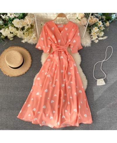 Summer Women Slim Bandage Long Dress Chic Heart Print Short Sleeve V Neck Casual Midi Lady Dress Elegant Streetwear Mujer Bea...