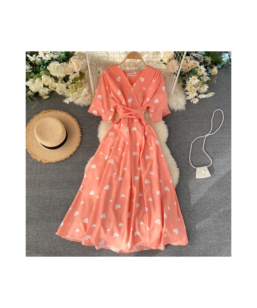 Summer Women Slim Bandage Long Dress Chic Heart Print Short Sleeve V Neck Casual Midi Lady Dress Elegant Streetwear Mujer Bea...