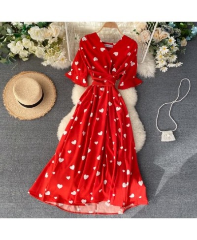 Summer Women Slim Bandage Long Dress Chic Heart Print Short Sleeve V Neck Casual Midi Lady Dress Elegant Streetwear Mujer Bea...