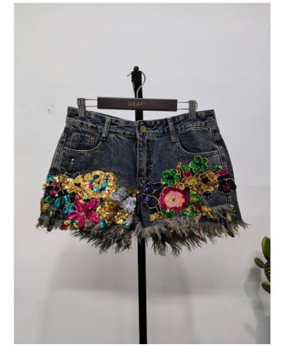 Trend Sequin Floral Burrs Hole Denim Shorts Women's Vintage High Waist Wide Leg Short Jeans Female 2023 Spring New 11XX1360 $...