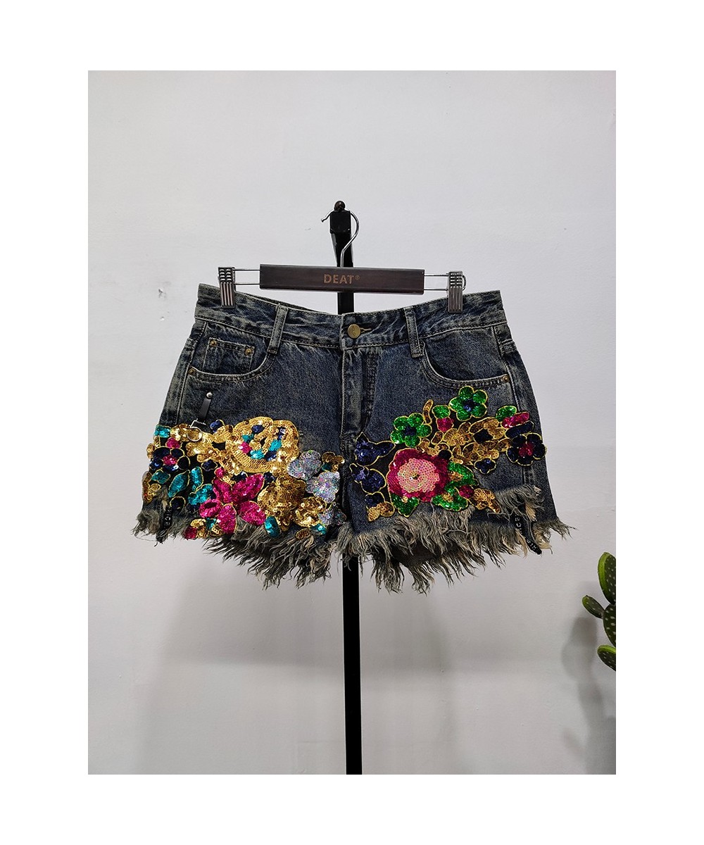 Trend Sequin Floral Burrs Hole Denim Shorts Women's Vintage High Waist Wide Leg Short Jeans Female 2023 Spring New 11XX1360 $...