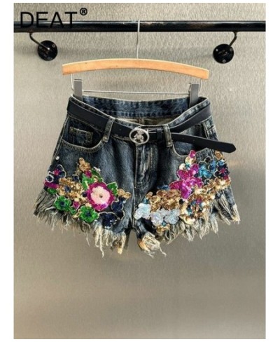 Trend Sequin Floral Burrs Hole Denim Shorts Women's Vintage High Waist Wide Leg Short Jeans Female 2023 Spring New 11XX1360 $...