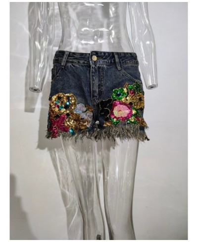 Trend Sequin Floral Burrs Hole Denim Shorts Women's Vintage High Waist Wide Leg Short Jeans Female 2023 Spring New 11XX1360 $...