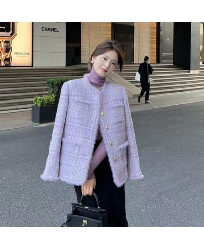 2023 Winter New Elegant Tweed Jacket Women Fashion Long Sleeve Coat Ladies Warm Mink Velvet Splice Wool Loose Office Outerwea...