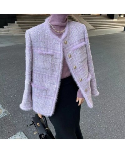 2023 Winter New Elegant Tweed Jacket Women Fashion Long Sleeve Coat Ladies Warm Mink Velvet Splice Wool Loose Office Outerwea...