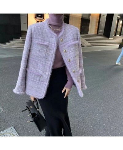 2023 Winter New Elegant Tweed Jacket Women Fashion Long Sleeve Coat Ladies Warm Mink Velvet Splice Wool Loose Office Outerwea...