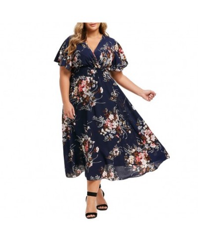 Summer Plus Size Bohemian Long Dress Women Casual Floral Printed V-neck Short Sleeve Casual Floral Beach Party Dress Vestidos...