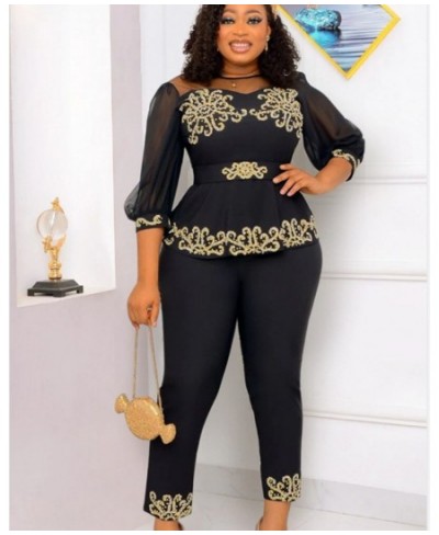 Plus Size Sets Solid Half Sleeve O-Neck Bubble Sleeve Slim Fitting Suit Plus Size Two Piece Sets Office Lady Elastic Waist $8...