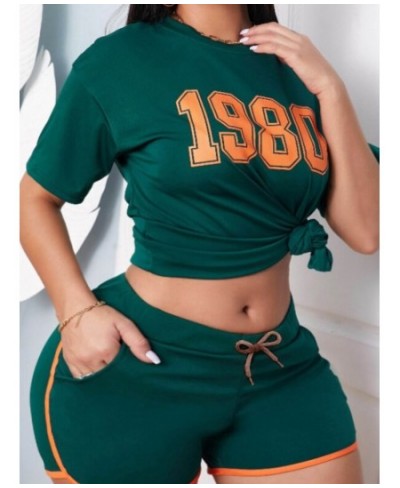 Plus Size Two Pieces Letter Print Striped Shorts Set O Neck TOPS+PANTS Sporty Matching Outfits $35.16 - Plus Size Clothes