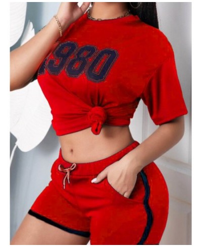 Plus Size Two Pieces Letter Print Striped Shorts Set O Neck TOPS+PANTS Sporty Matching Outfits $35.16 - Plus Size Clothes