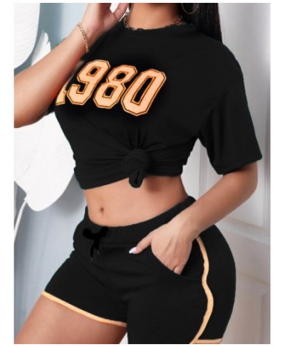 Plus Size Two Pieces Letter Print Striped Shorts Set O Neck TOPS+PANTS Sporty Matching Outfits $35.16 - Plus Size Clothes