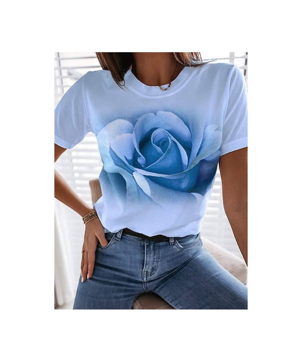 Women Casual Harajuku Fashion T-shirt Rose Flower Print Loose O-neck Short Sleeve Elastic Stretched Summer New Tee Shirt XS-8...