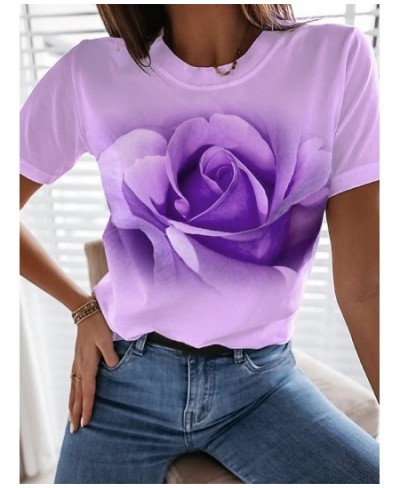 Women Casual Harajuku Fashion T-shirt Rose Flower Print Loose O-neck Short Sleeve Elastic Stretched Summer New Tee Shirt XS-8...