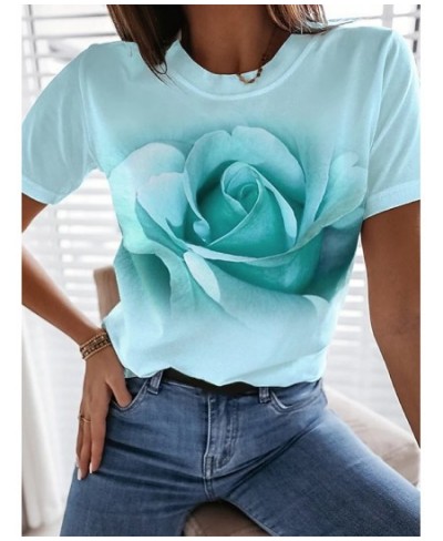 Women Casual Harajuku Fashion T-shirt Rose Flower Print Loose O-neck Short Sleeve Elastic Stretched Summer New Tee Shirt XS-8...