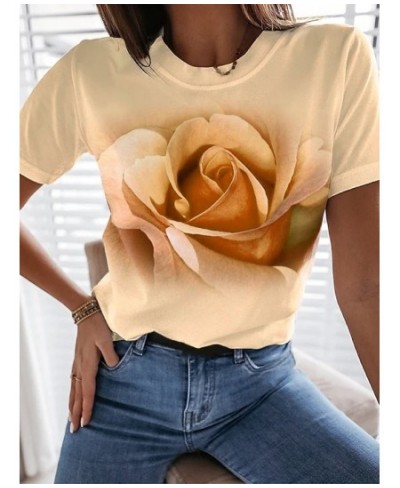 Women Casual Harajuku Fashion T-shirt Rose Flower Print Loose O-neck Short Sleeve Elastic Stretched Summer New Tee Shirt XS-8...