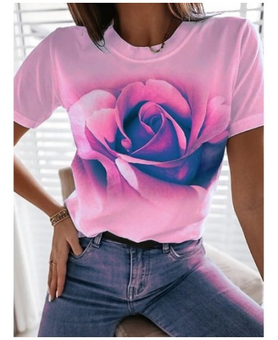 Women Casual Harajuku Fashion T-shirt Rose Flower Print Loose O-neck Short Sleeve Elastic Stretched Summer New Tee Shirt XS-8...