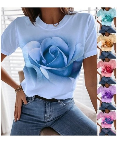 Women Casual Harajuku Fashion T-shirt Rose Flower Print Loose O-neck Short Sleeve Elastic Stretched Summer New Tee Shirt XS-8...