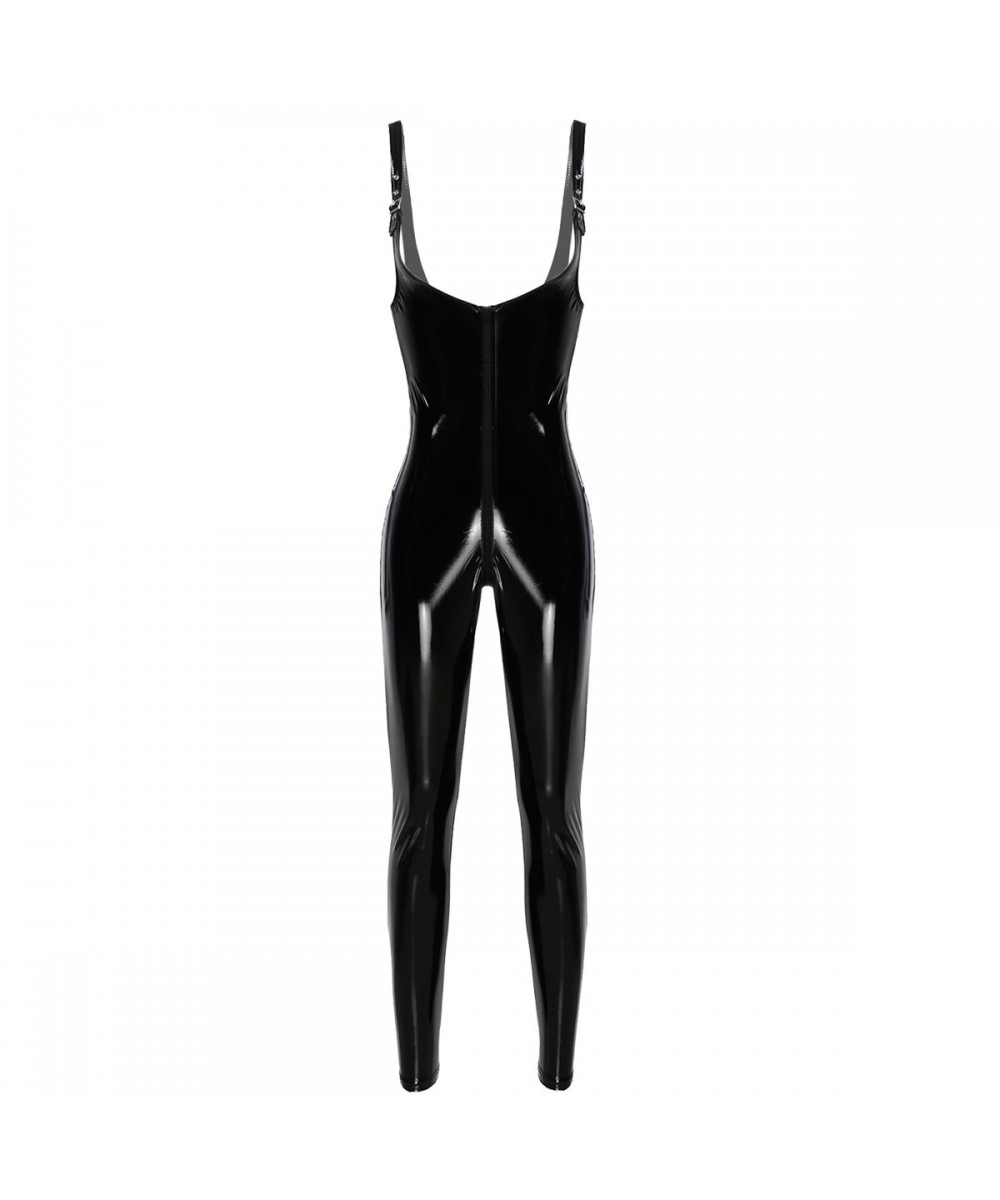 Womens Latex Bodysuit Fashion Pole Dancing Costumes Shiny Metallic Patent Leather Front Zippered Long Legging Leotard Clubwea...