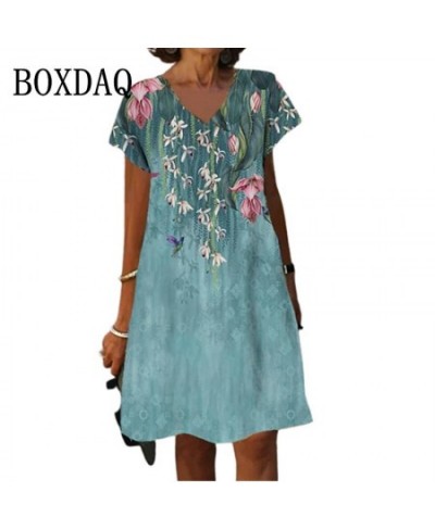 Women Elegant Casual Dress Summer Fashion Loose V-Neck Short Sleeve A-Line Dresses Sundress Female Vintage Print Dress Vestid...