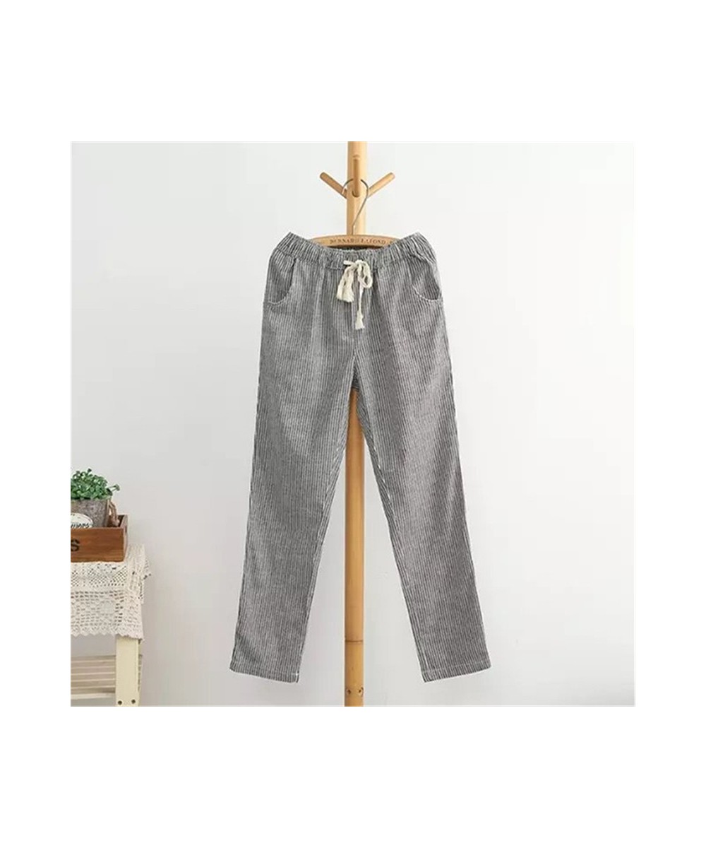 Cotton Linen Women Casual Pants 2023 Fashion Loose Long Pants Elastic Waist Straight Striped Trousers Pantalon $23.13 - Jeans