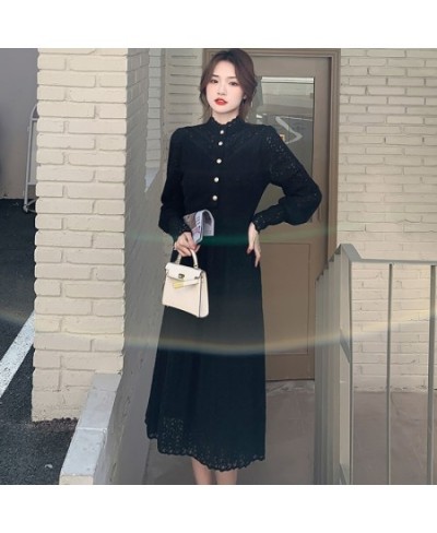 Female Black Lace Hook Flower Hollow Midi Dress Autumn Long Sleeve Ruffled Collar Chic Dress 2023 Korean Vintage Hepburn $58....